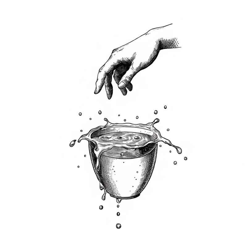 A hand above a spilling cup