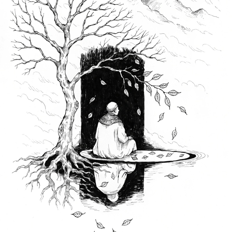 A figure sitting beneath an old tree